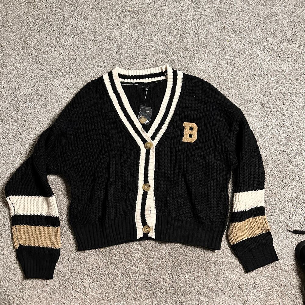 Letterman Sweater Patched Cardigan Oversized Black White Size L NEW